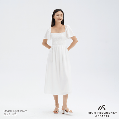 Square Neck Full Smocked Flutter Sleeve Midaxi Dress