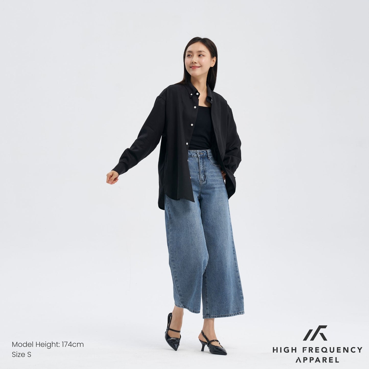 long sleeve relaxed drape shirt with seashell buttons