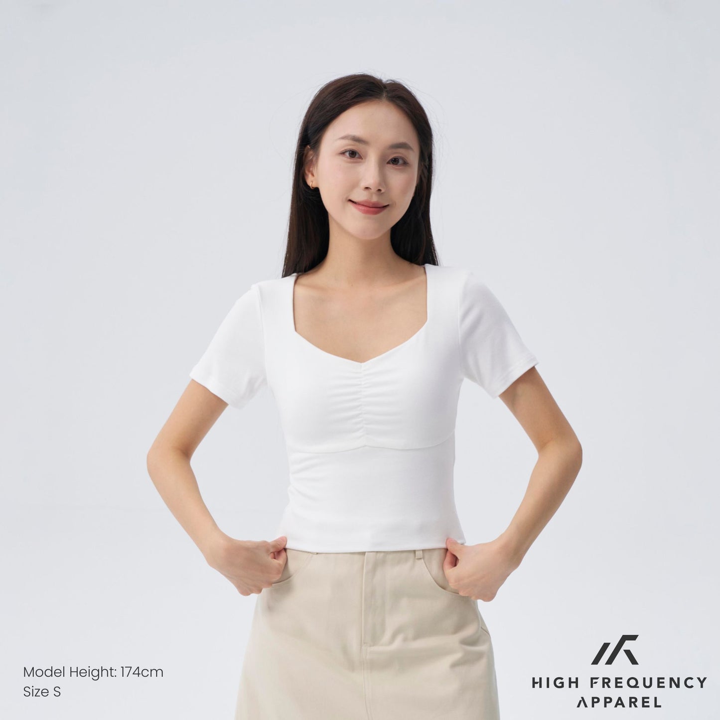 hfa women’s soft stretch diamond neck ruched padded tee