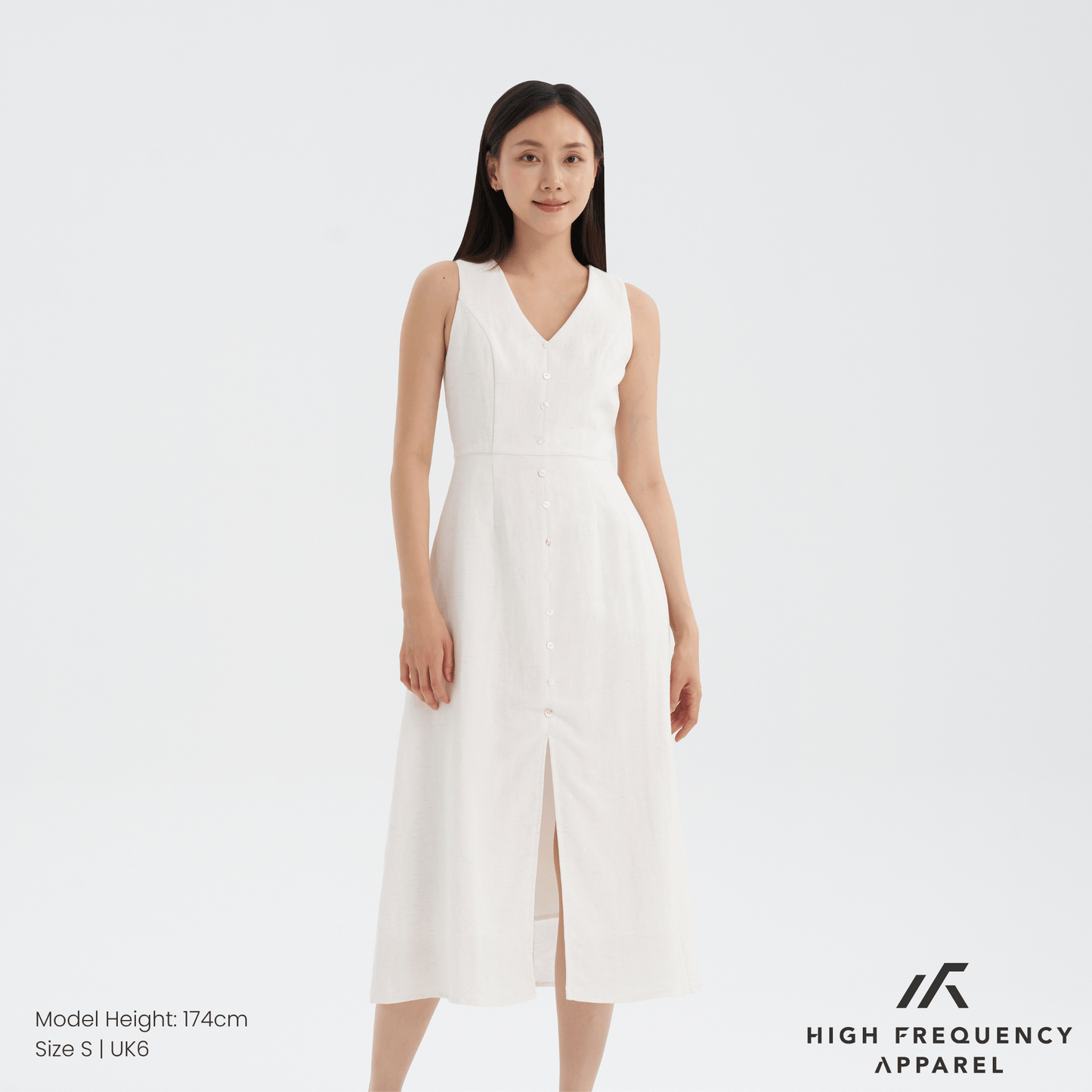 v-neck seashell button midaxi front slit dress