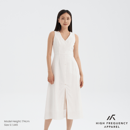 V-Neck Seashell Button Midaxi Front Slit Dress