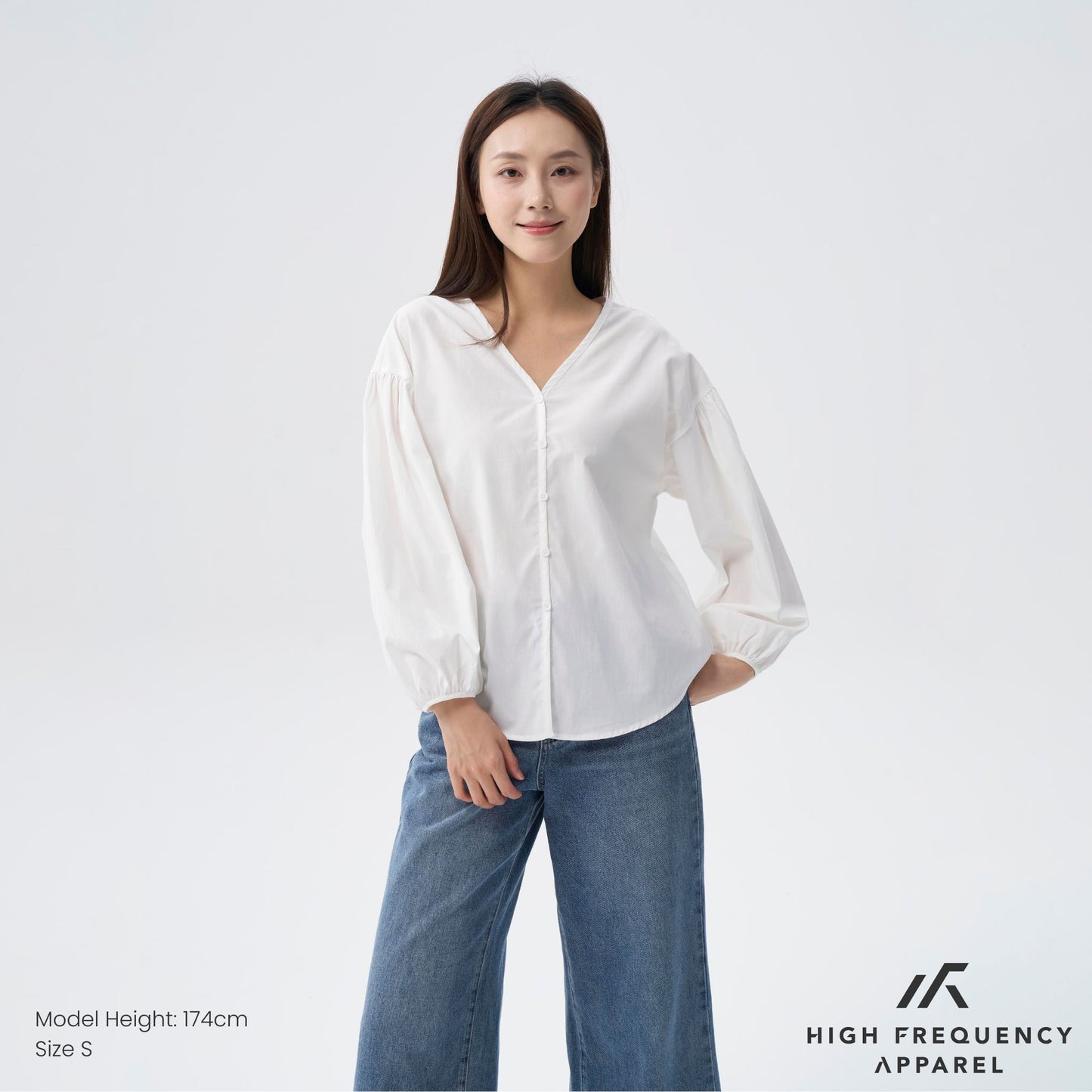 hfa women’s v-neck puffed long sleeve blouse – relaxed fit