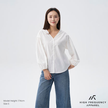 HFA Women’s V-Neck Puffed Long Sleeve Blouse – Relaxed Fit