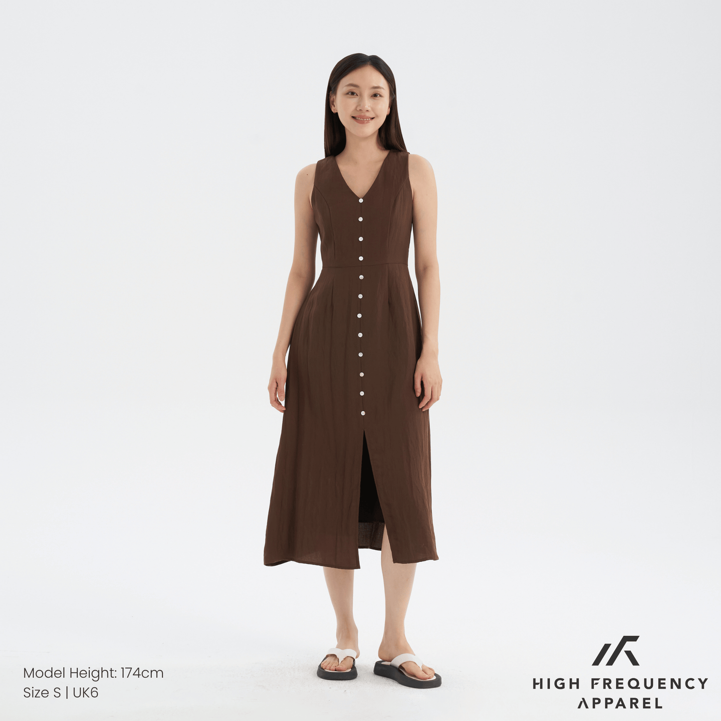 v-neck seashell button midaxi front slit dress