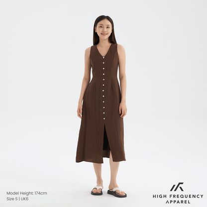 V-Neck Seashell Button Midaxi Front Slit Dress