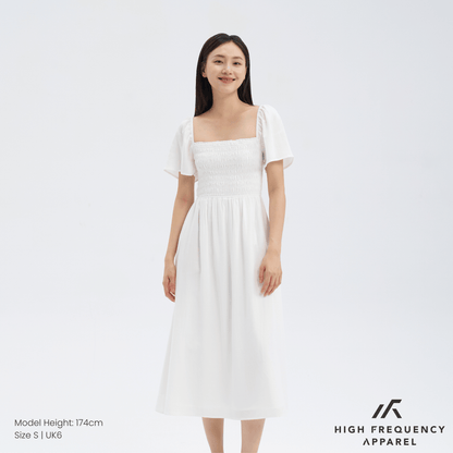 Square Neck Full Smocked Flutter Sleeve Midaxi Dress