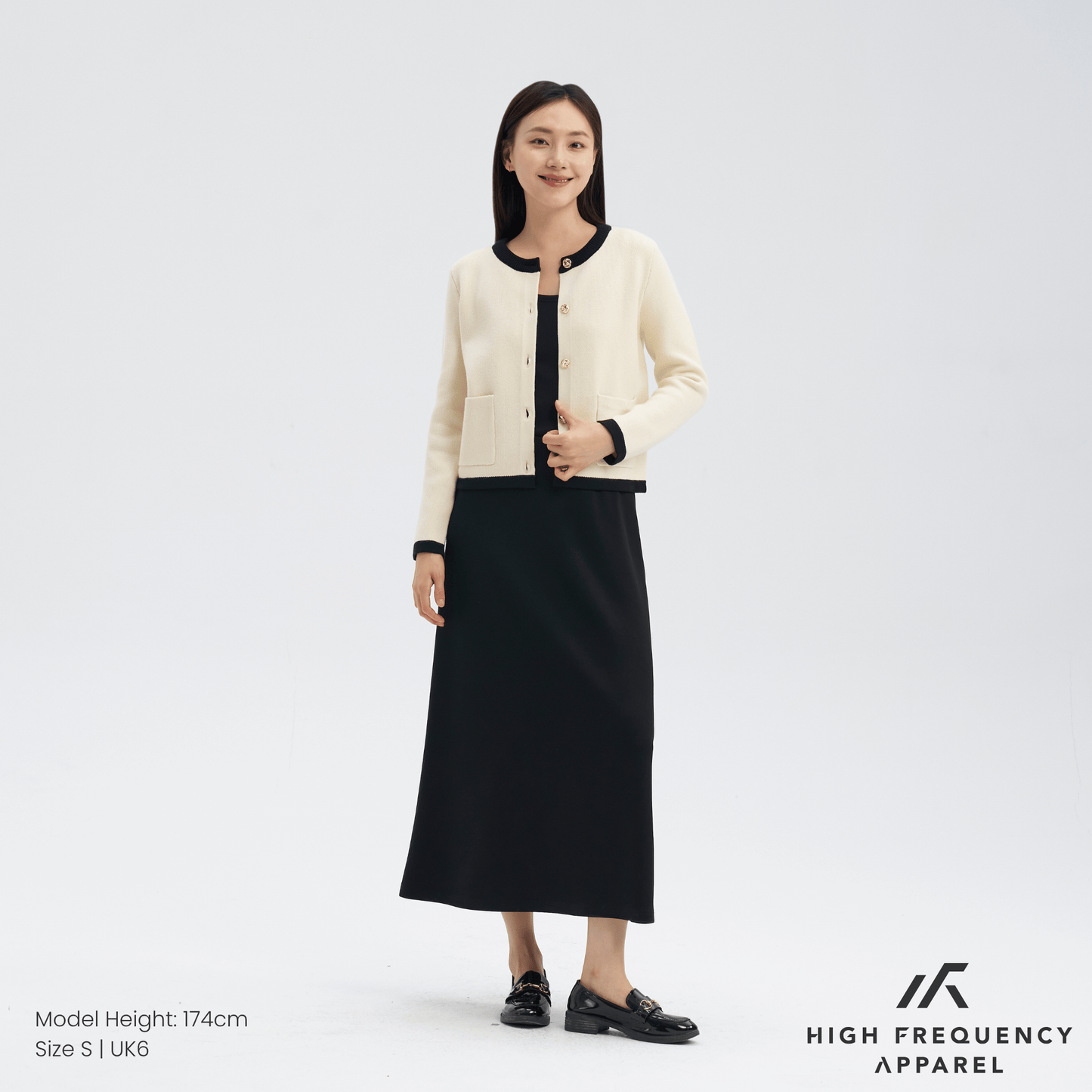 contrast-trim cardigan jacket with gold buttons