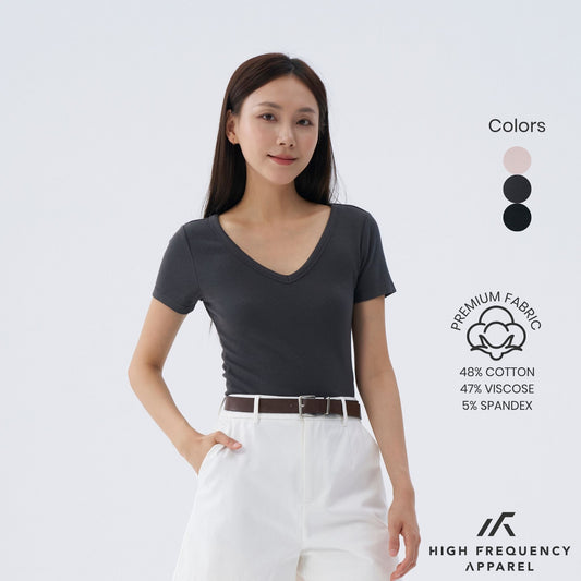 HFA Women’s V-Neck Short Sleeve Ribbed Tee – Stretch Fit Essentials