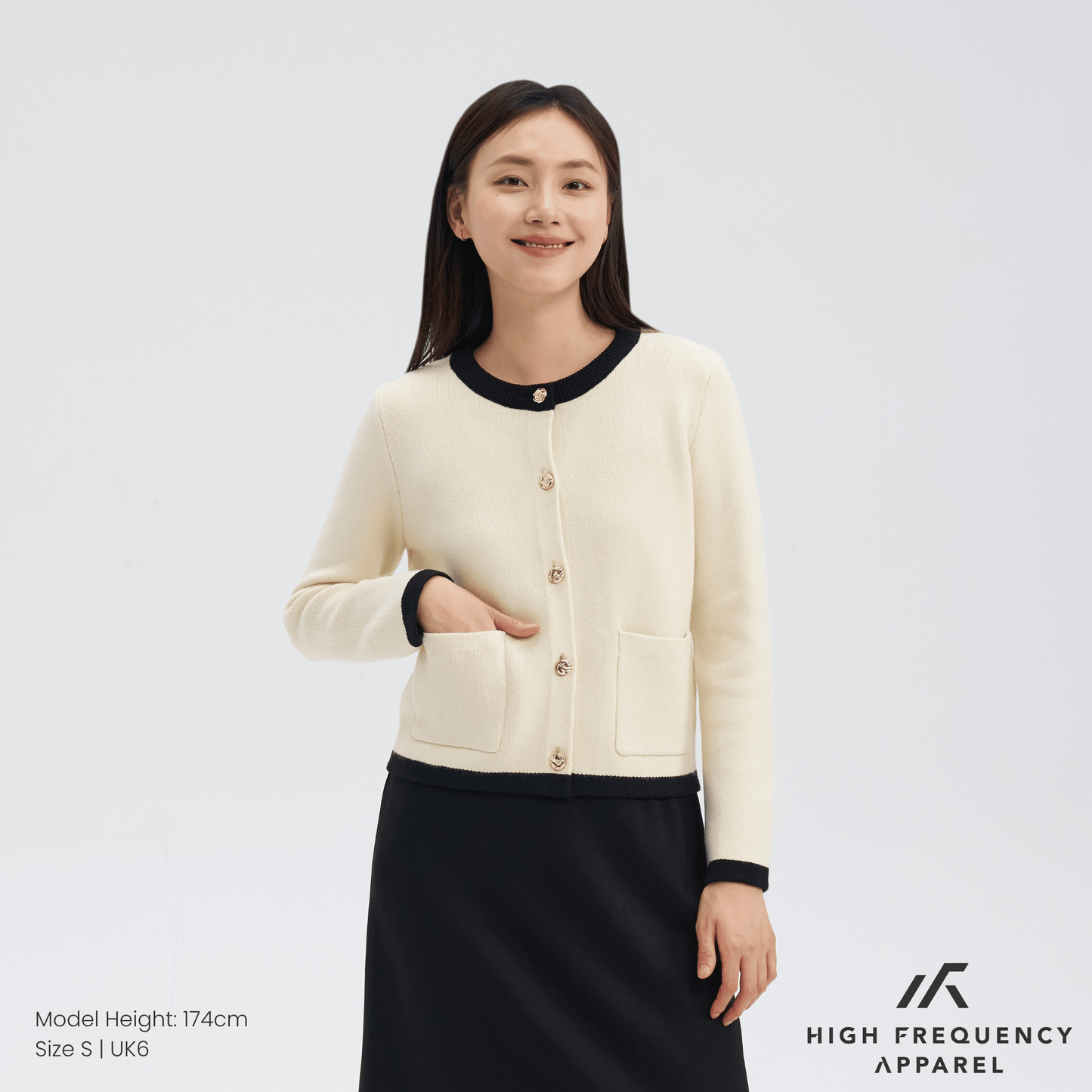 contrast-trim cardigan jacket with gold buttons