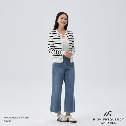 HFA Women’s Old Money Striped Long Sleeve Cardigan With Gold Button Trimmings