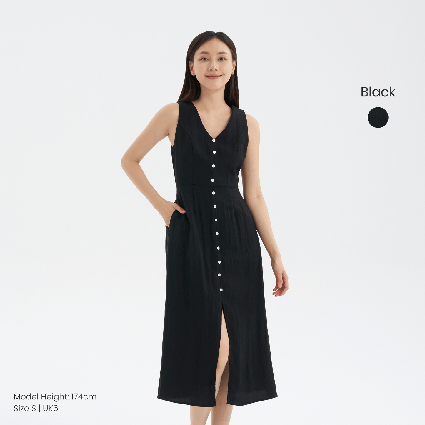 v-neck seashell button midaxi front slit dress
