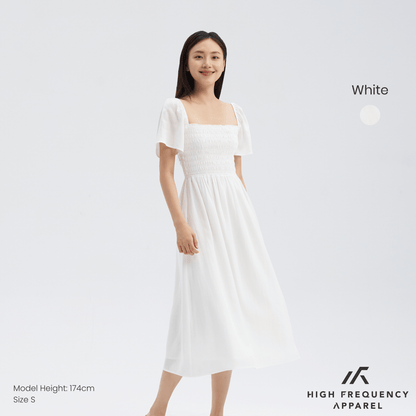 Square Neck Full Smocked Flutter Sleeve Midaxi Dress