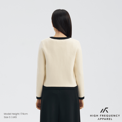 Contrast-Trim Cardigan Jacket with Gold Buttons