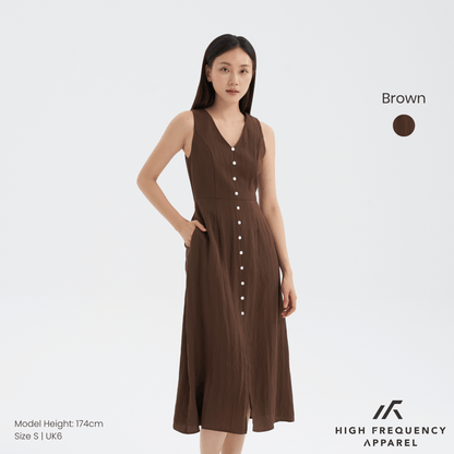 V-Neck Seashell Button Midaxi Front Slit Dress