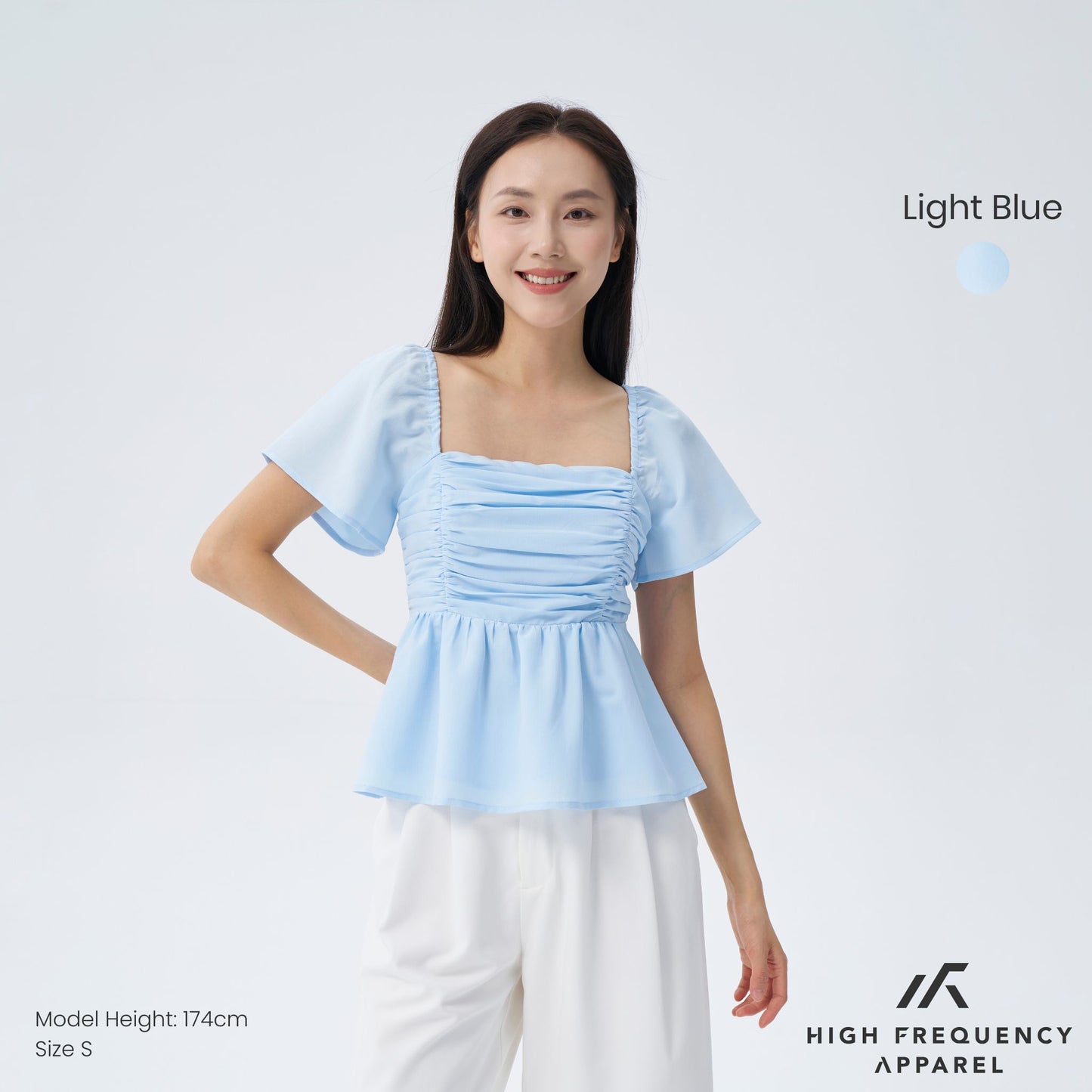 hfa women’s flutter sleeve padded smocked back blouse