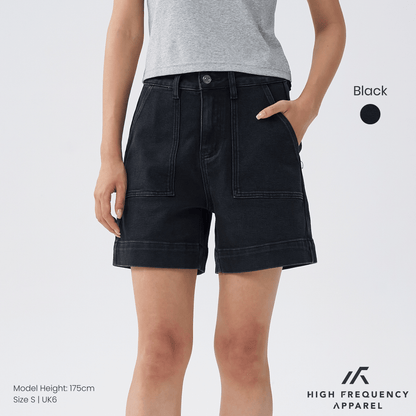 Panel Pocket Stretch Denim High Waisted Jorts