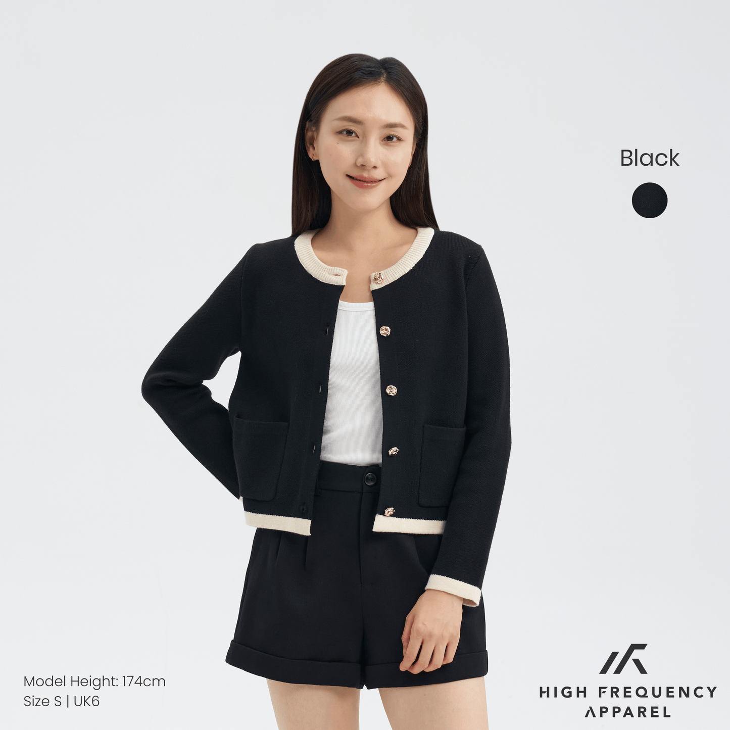 contrast-trim cardigan jacket with gold buttons