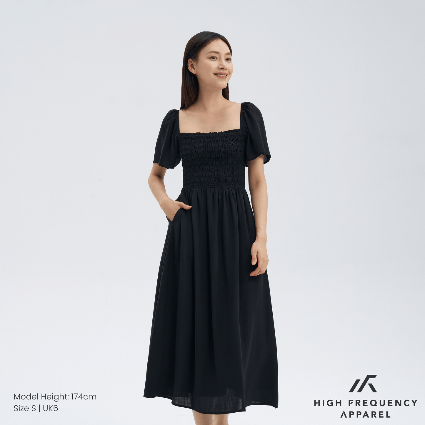 square neck full smocked flutter sleeve midaxi dress