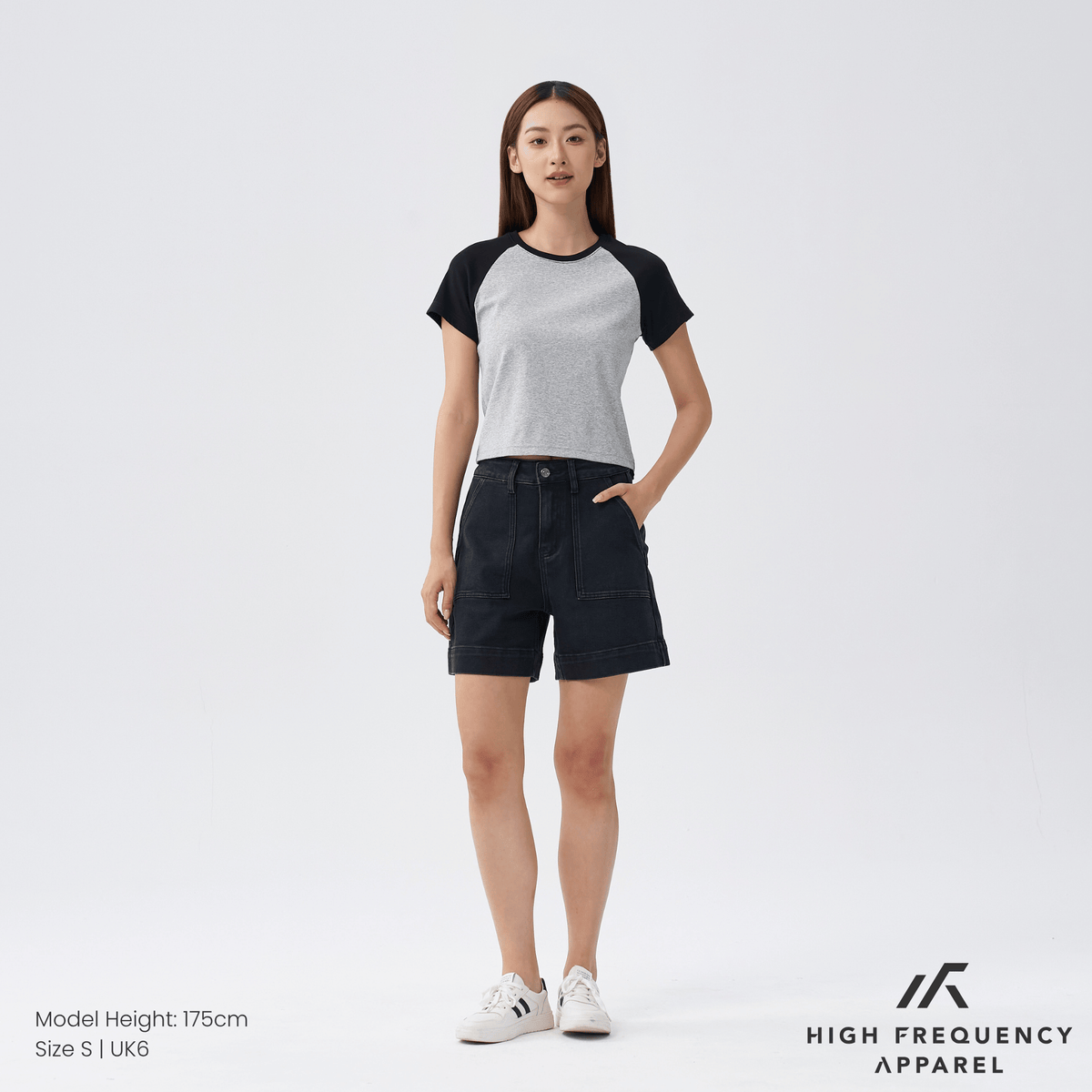 panel pocket stretch denim high waisted jorts