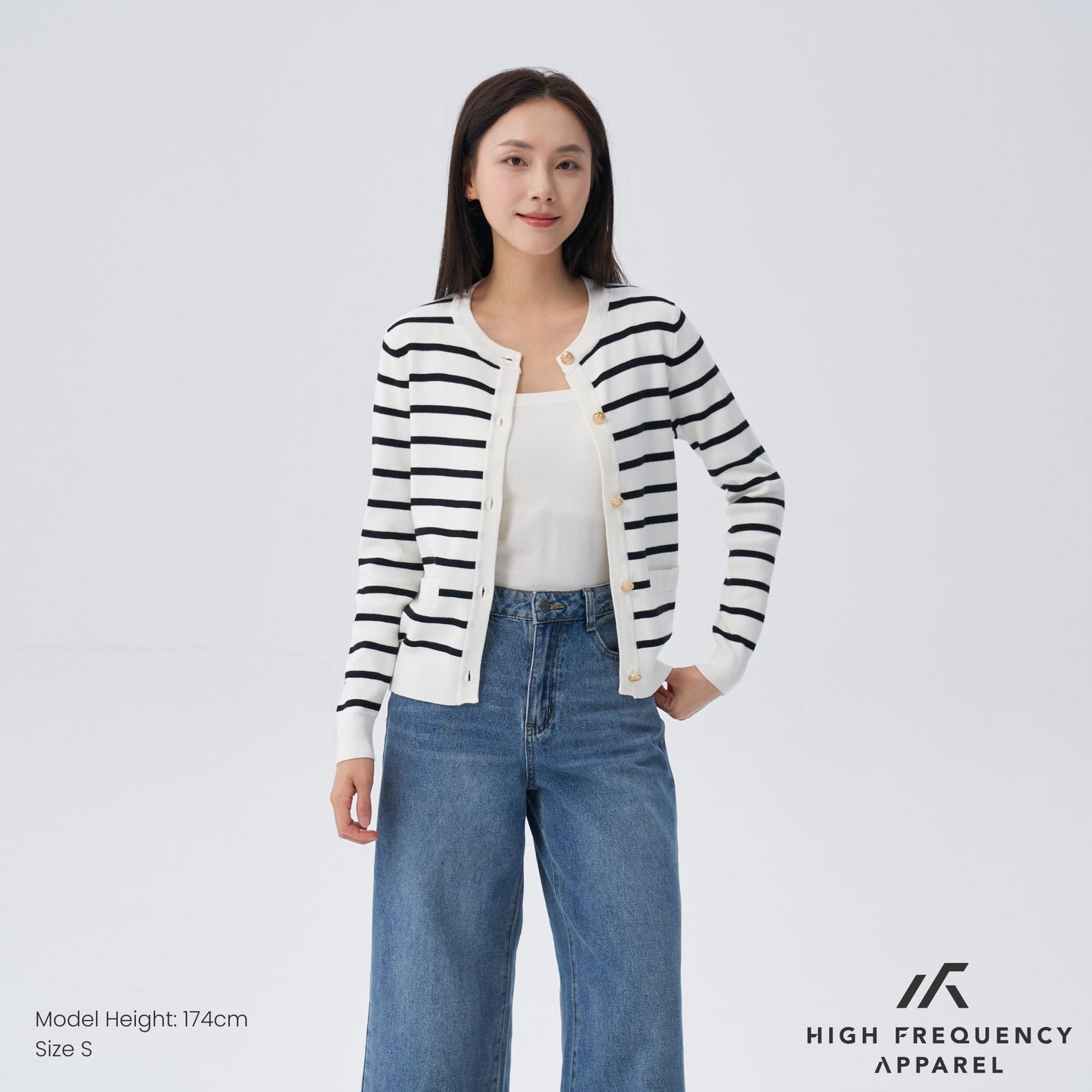 hfa women’s old money striped long sleeve cardigan with gold button trimmings