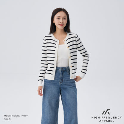 HFA Women’s Old Money Striped Long Sleeve Cardigan With Gold Button Trimmings