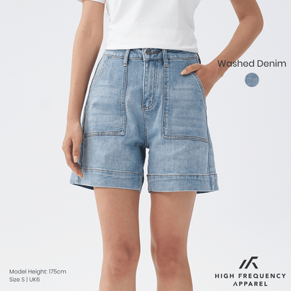 Panel Pocket Stretch Denim High Waisted Jorts