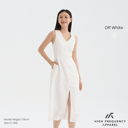 V-Neck Seashell Button Midaxi Front Slit Dress