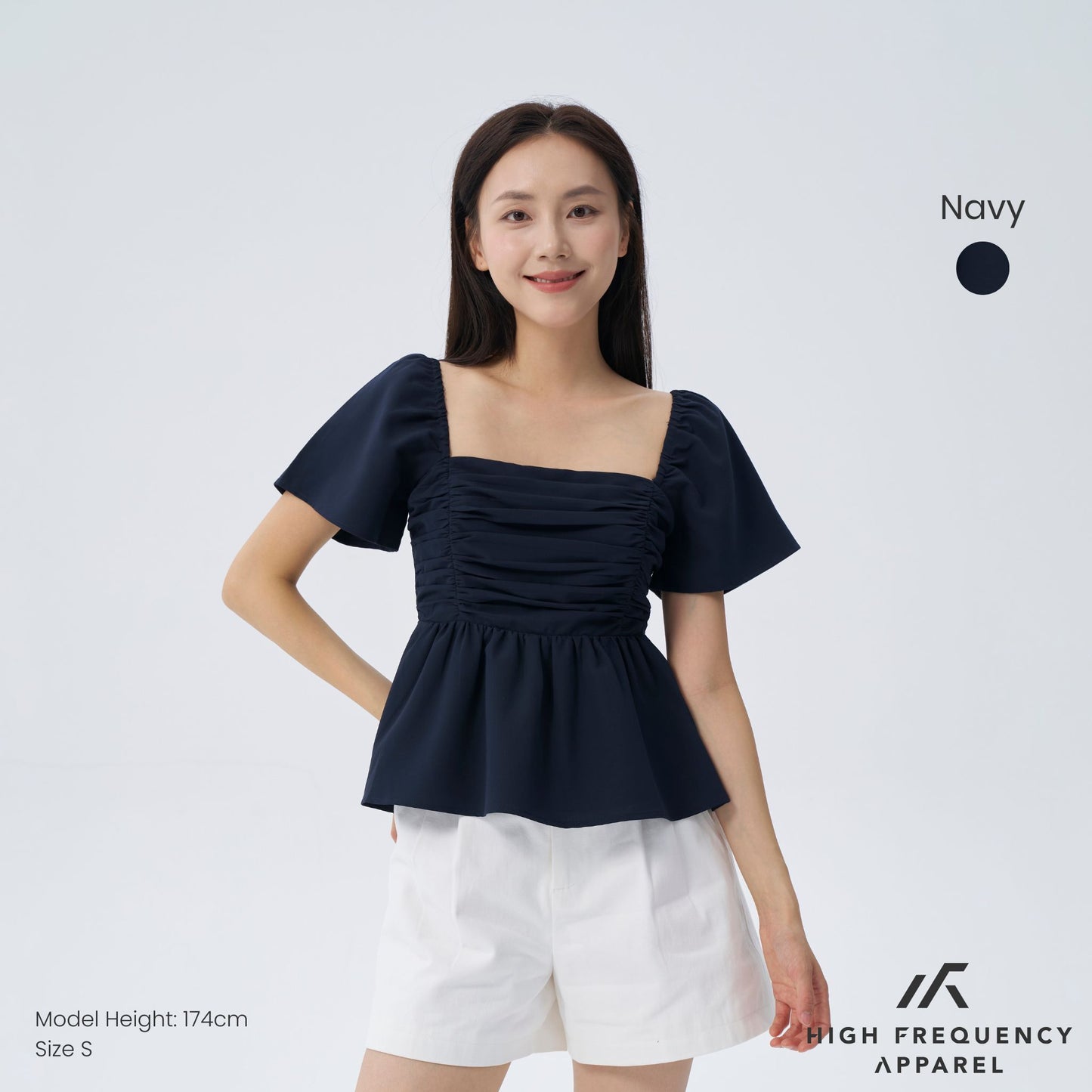 hfa women’s flutter sleeve padded smocked back blouse