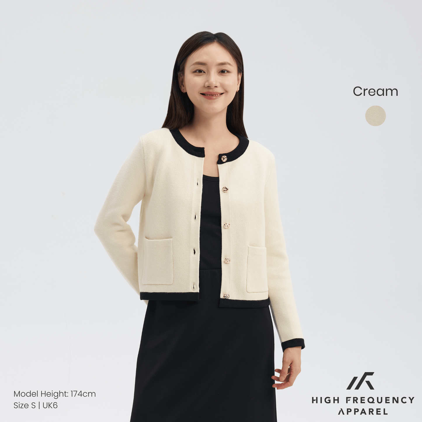 contrast-trim cardigan jacket with gold buttons