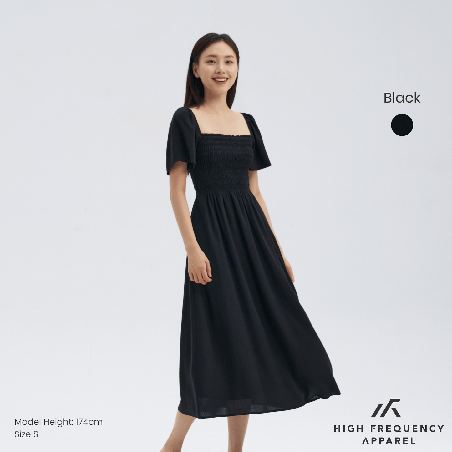 square neck full smocked flutter sleeve midaxi dress