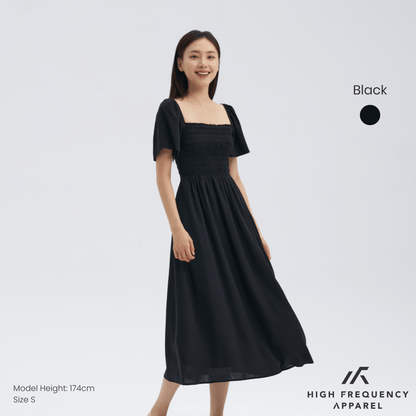 Square Neck Full Smocked Flutter Sleeve Midaxi Dress