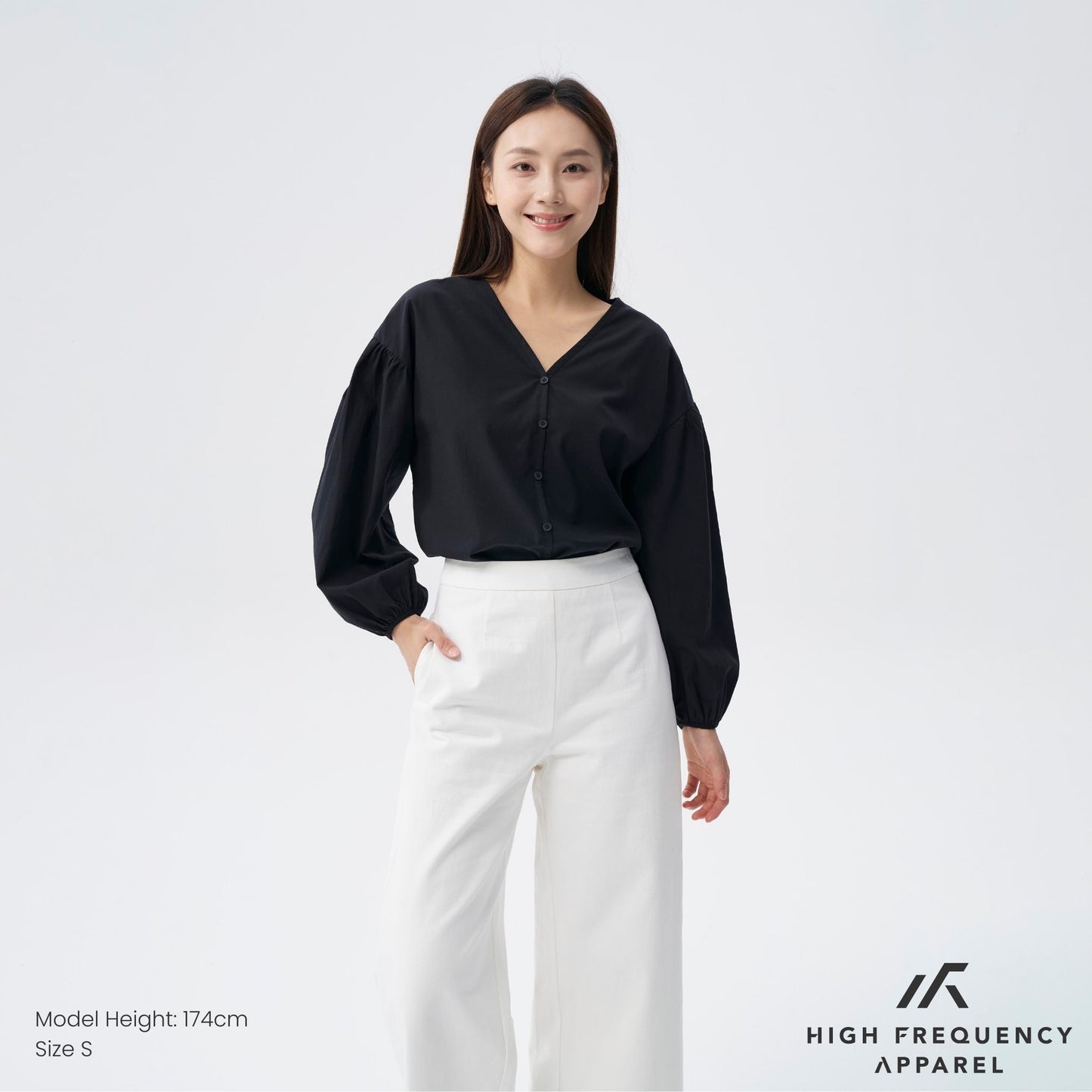 hfa women’s v-neck puffed long sleeve blouse – relaxed fit