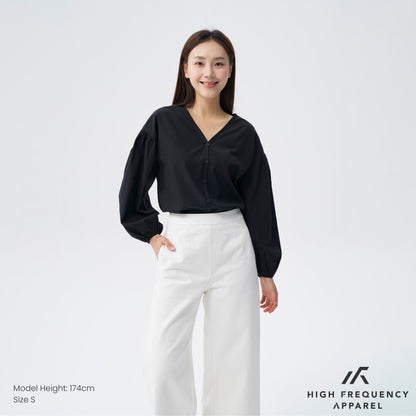 HFA Women’s V-Neck Puffed Long Sleeve Blouse – Relaxed Fit