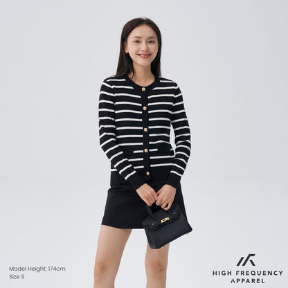 HFA Women’s Old Money Striped Long Sleeve Cardigan With Gold Button Trimmings