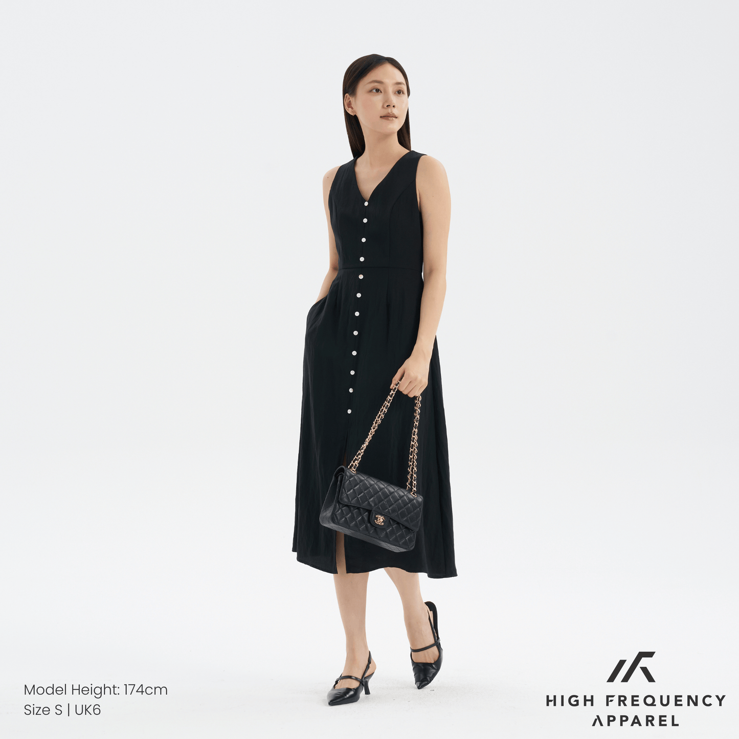 v-neck seashell button midaxi front slit dress