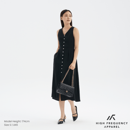 V-Neck Seashell Button Midaxi Front Slit Dress