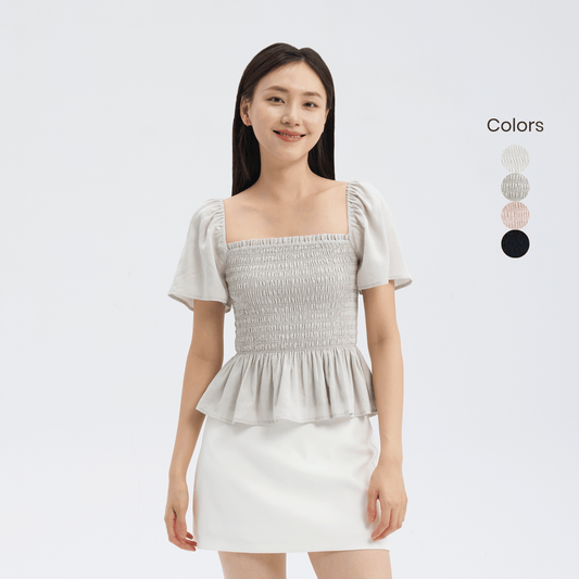Square Neck Full Smocked Flutter Sleeve Top