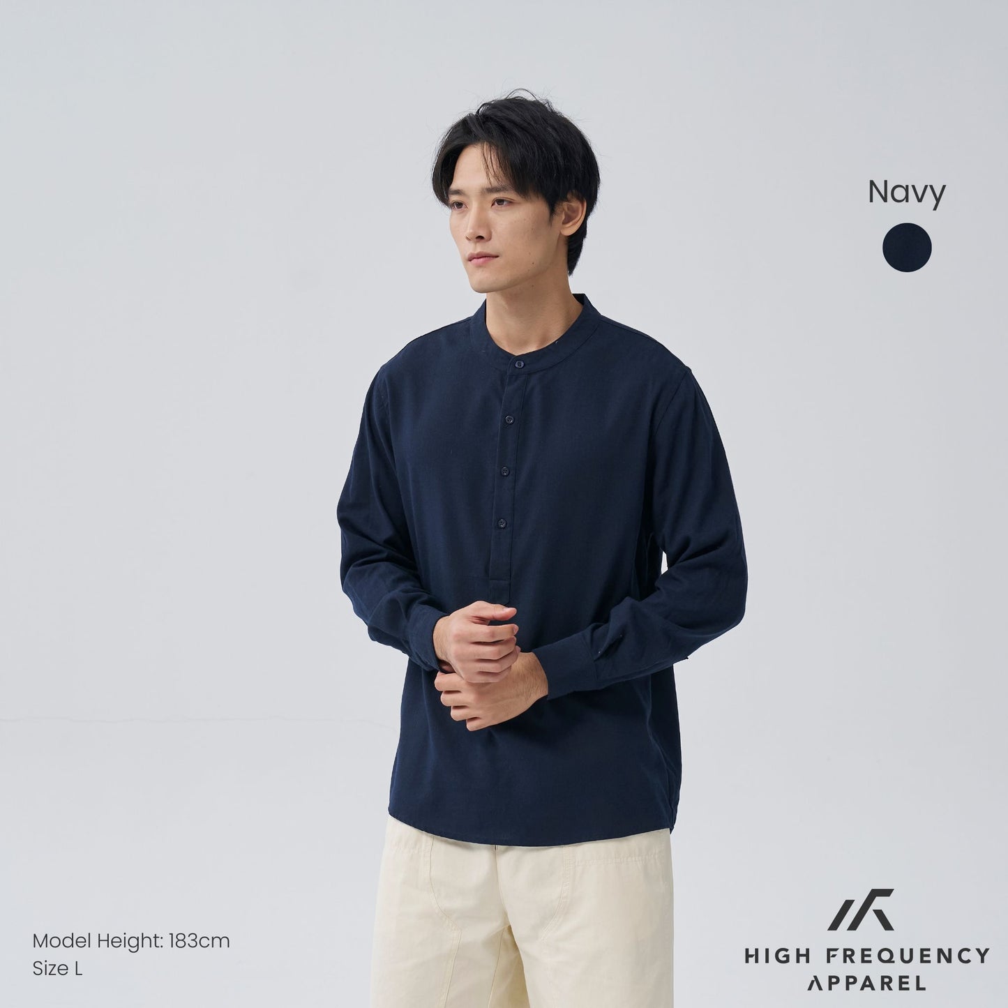 half button mandarin collar long sleeve shirt