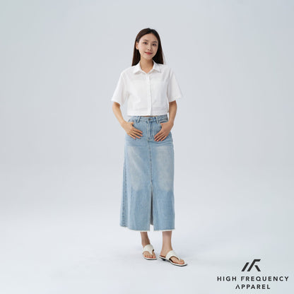 HFA Women’s Frayed Mid-Waisted Maxi Denim Skirt With Front Slit