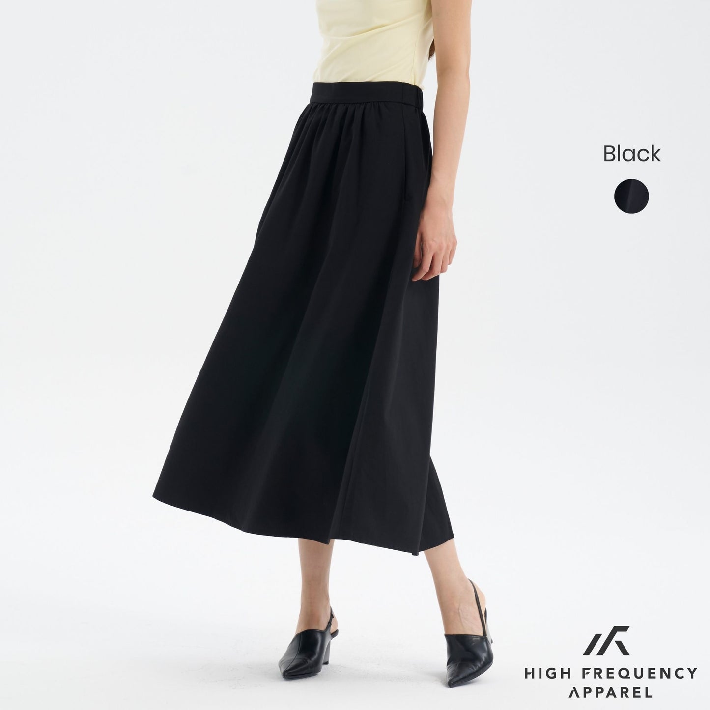 midaxi drape skirt with elasticated waist and back zipper