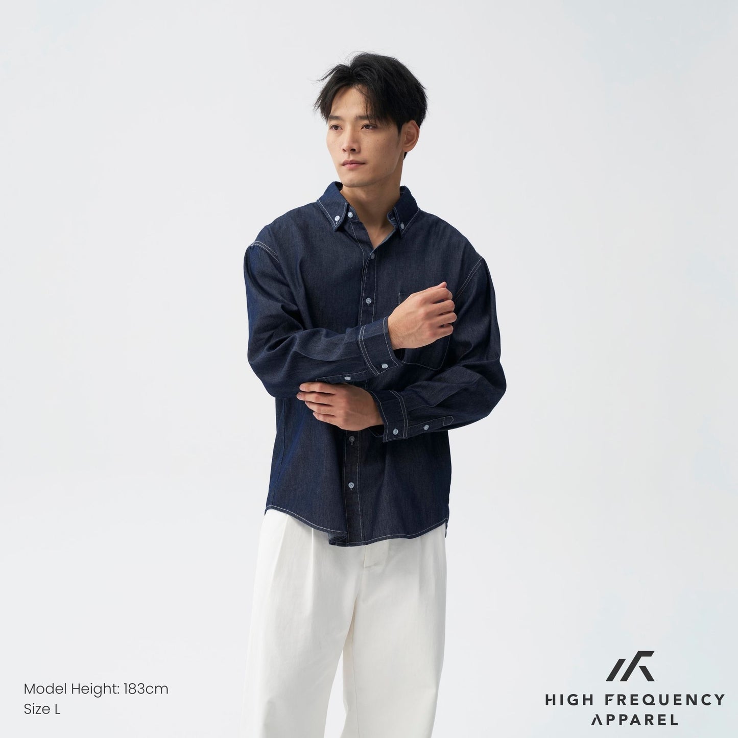 hfa men’s oversized long sleeve denim shirt – relaxed fit essential