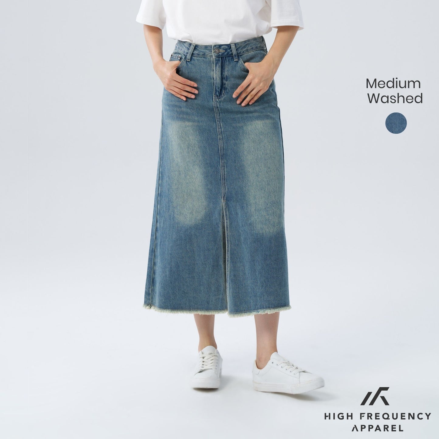 hfa women’s frayed mid-waisted maxi denim skirt with front slit