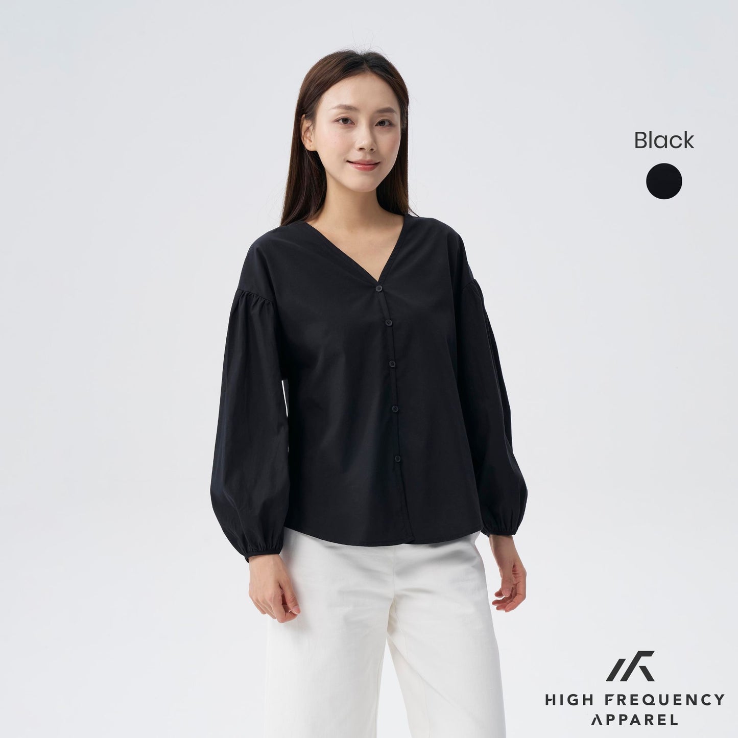 hfa women’s v-neck puffed long sleeve blouse – relaxed fit