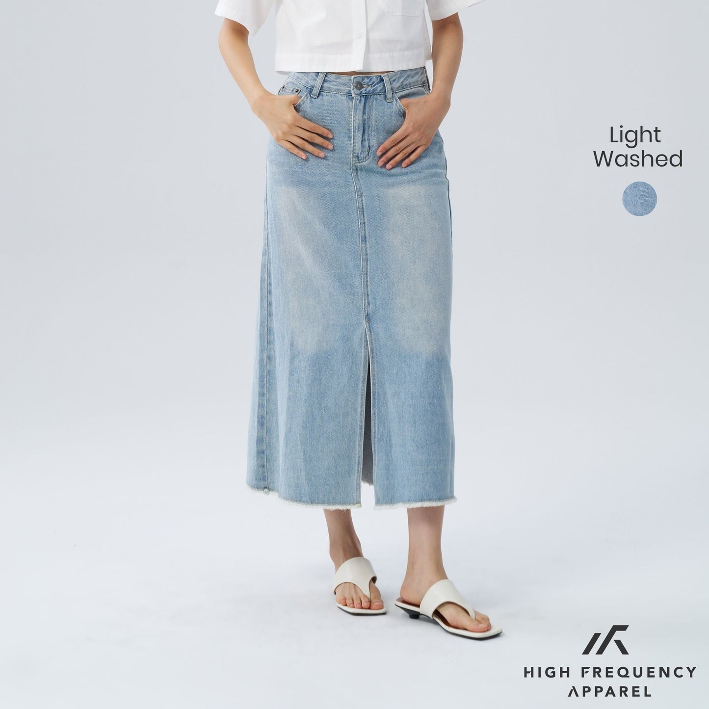 hfa women’s frayed mid-waisted maxi denim skirt with front slit