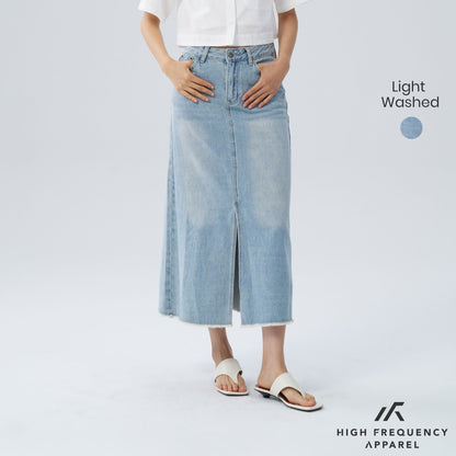 HFA Women’s Frayed Mid-Waisted Maxi Denim Skirt With Front Slit