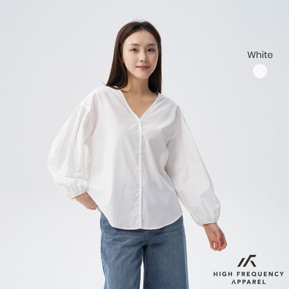 HFA Women’s V-Neck Puffed Long Sleeve Blouse – Relaxed Fit