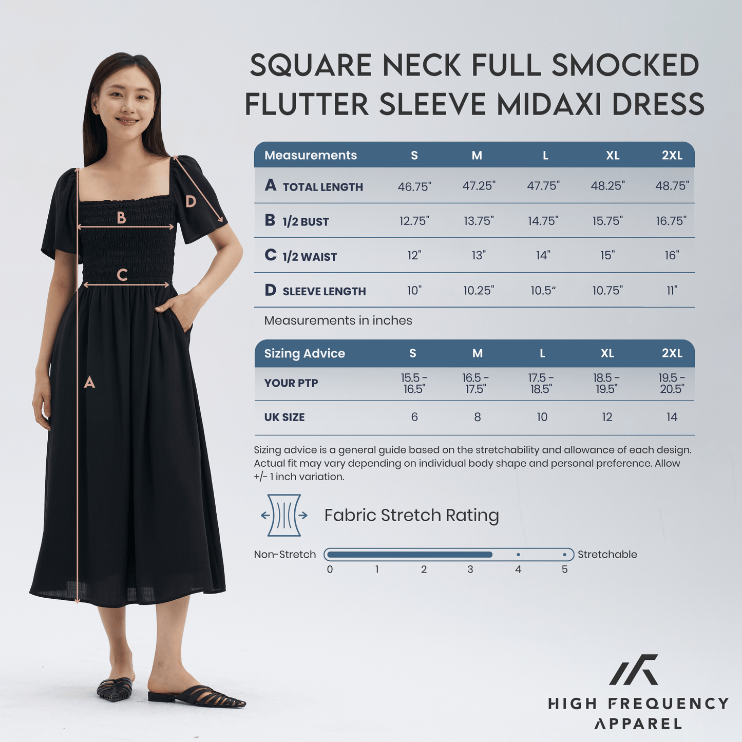 square neck full smocked flutter sleeve midaxi dress