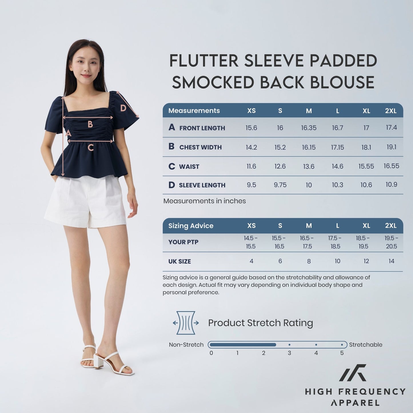 hfa women’s flutter sleeve padded smocked back blouse