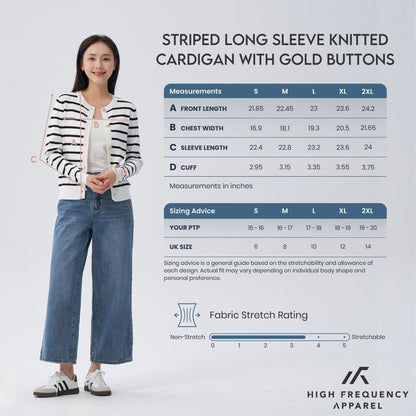 HFA Women’s Old Money Striped Long Sleeve Cardigan With Gold Button Trimmings