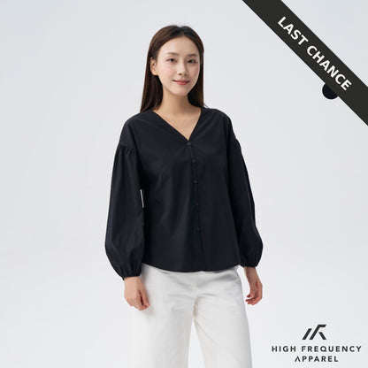V-Neck Puffed Long Sleeve Blouse – Relaxed Fit